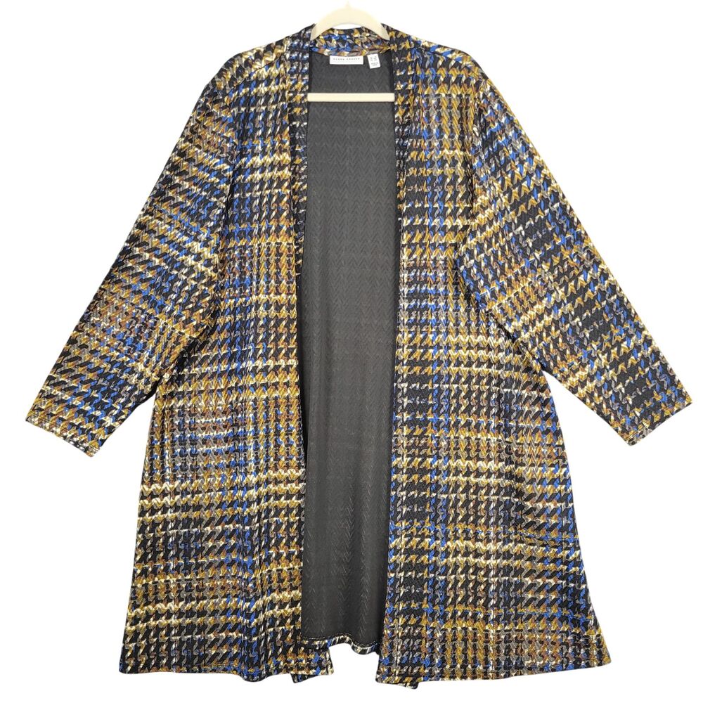SUSAN GRAVER Blue Gold Houndstooth Open Front Duster Jacket Topper SIZE 3X